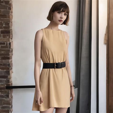 A Model Wearing A Yellow Dress With A Black Belt And A Black Belt