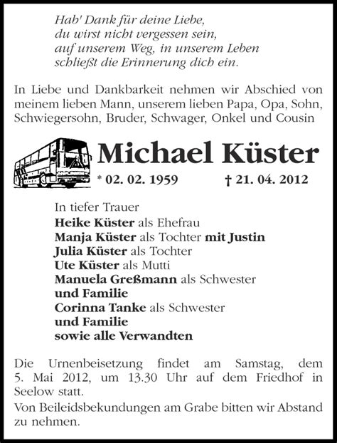 Traueranzeigen Von Michael K Ster M Rkische Onlinezeitung Trauerportal