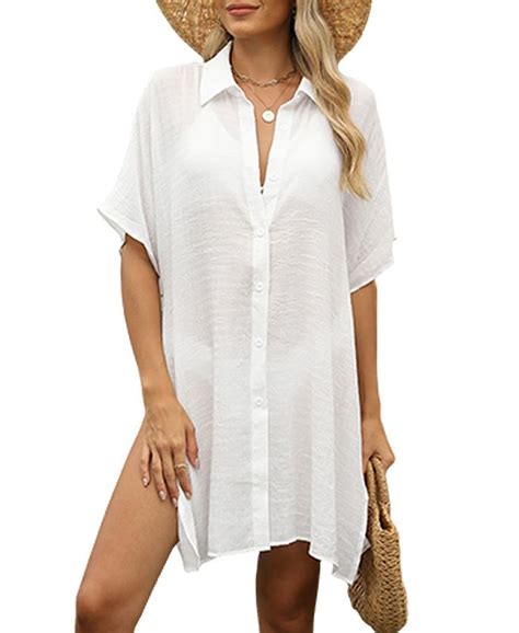 Cupshe Womens White Collared Split Hem Cover Up Macys