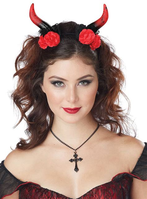 Red Rose Devil Horns Womens Deluxe Red Devil Costume Horns