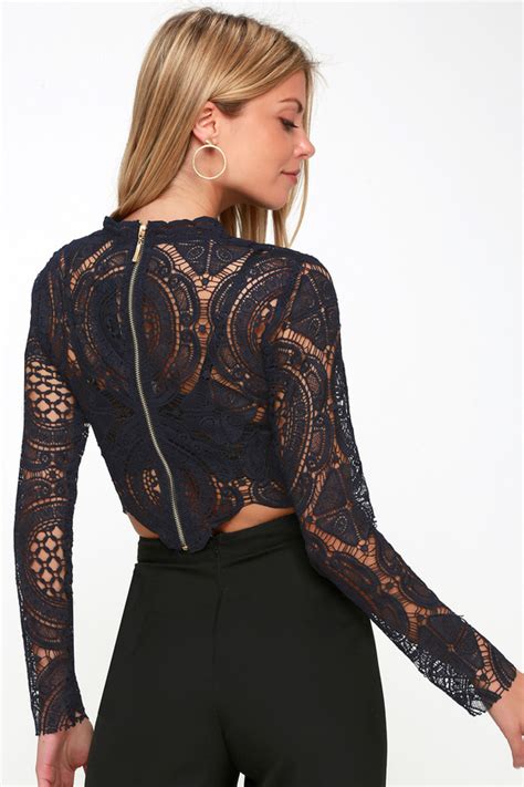 Navy Blue Top Long Sleeve Crop Top Sheer Lace Top Lulus