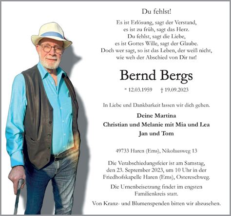 Traueranzeigen Von Bernd Bergs Noz Trauerportal