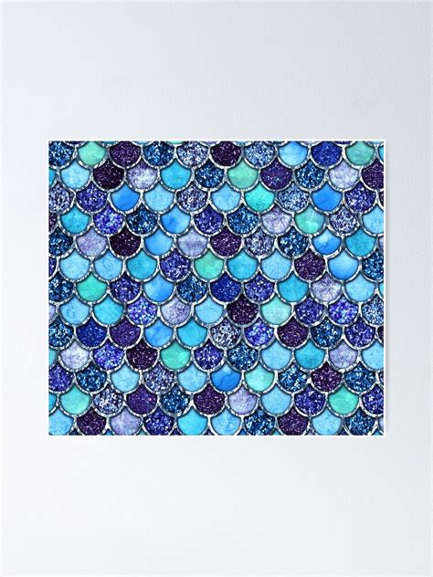 Colorful Teal Blue Watercolor Glitter Mermaid Scales Poster By