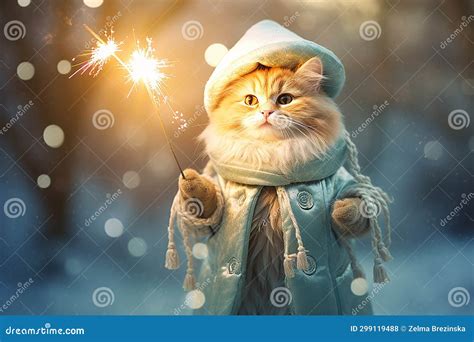 A Stylish Cat Wearing A Coat And Hat With A Sparklers On A Snowy Winter