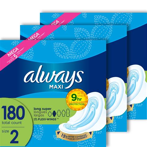 Always Maxi Pads Winged Unscented Super Absorbency Size 2 180 Ct