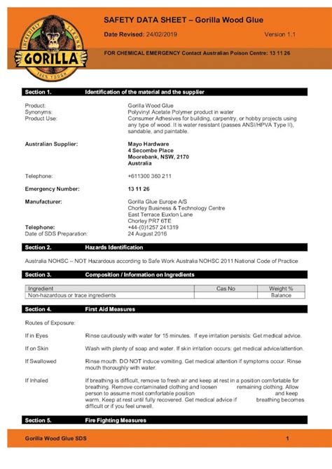 Pdf Safety Data Sheet Gorilla Wood Glue · Gorilla Wood Glue Sds 2 Date Revised 24 02 2019