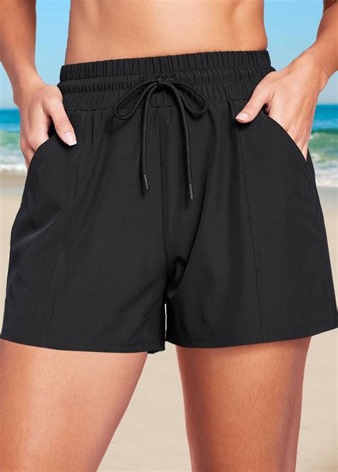 Rotita Black High Waisted Pocket Beach Shorts Rotita Usd