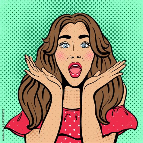 Sexy Woman With Wide Open Eyes And Mouth And Rising Hands Vector