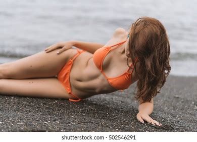 Beautiful Woman Orange Bikini On Beach Stock Photo 502546291 Shutterstock