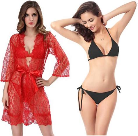 Buy Iyaracollection Women Red Lace Satin Lace Pack Of Robe And Lingerie Set Online At Best