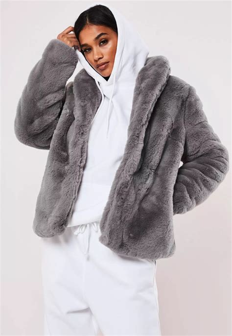 Gray Shawl Collar Faux Fur Coat Missguided Coats Jackets Women