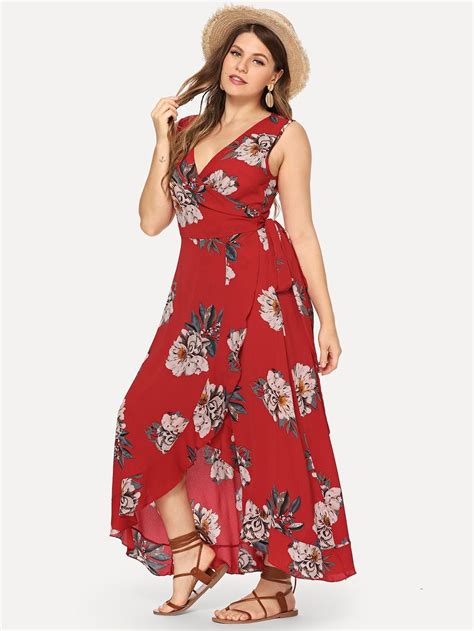 Plus Surplice Neck Floral Ruffle Hem Shell Dress SHEIN SHEINSIDE