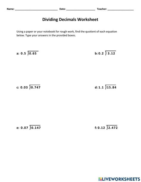 Division Practice With Decimals Division Maths Worksheets For