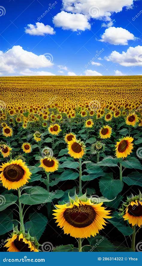 Sunflower Field With Blue Sky And Fluffy Clouds Stock Illustration