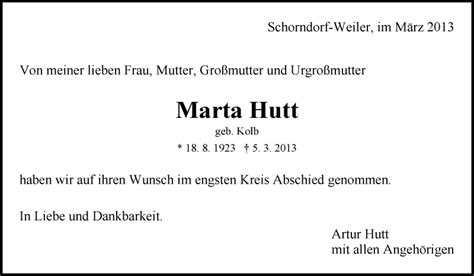 Traueranzeigen Von Marta Hutt Zvw Trauer