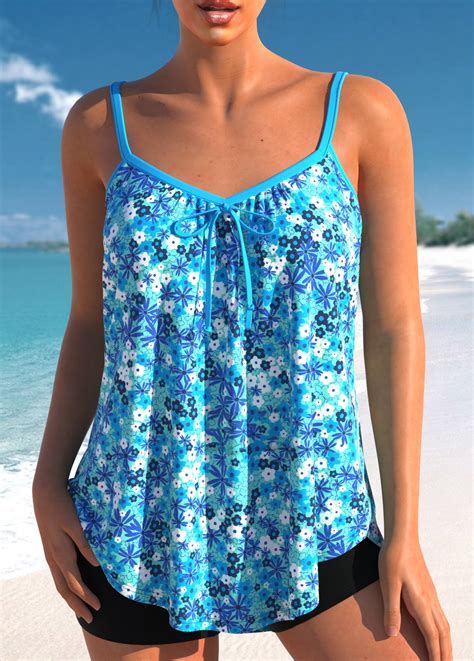 Rotita Bowknot Sky Blue Ditsy Floral Print Tankini Top