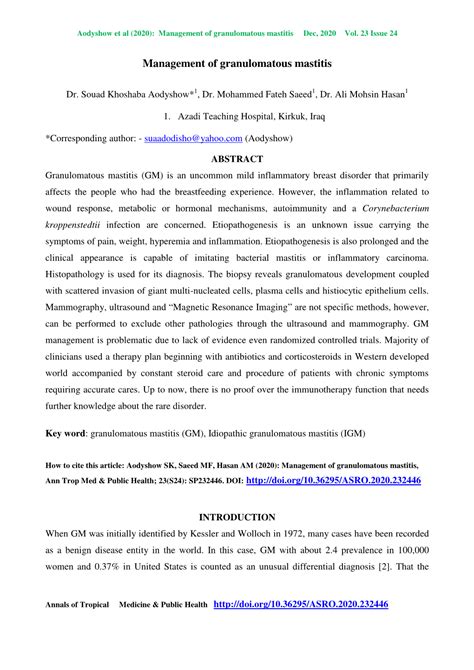 Management Of Granulomatous Mastitis Dec 2020 Vol Docslib