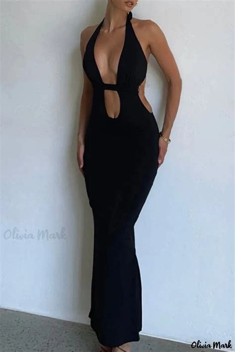 Olivia Mark Elegant Black Bandage Hollowed Out Backless Halter Long