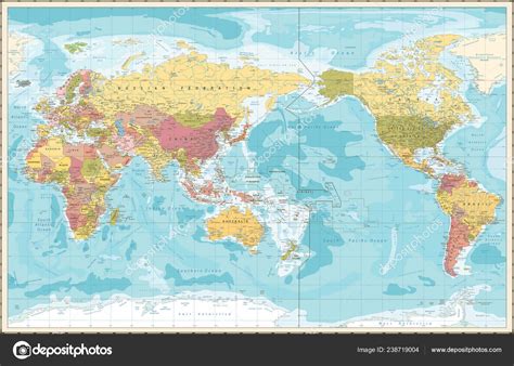 World Map Vintage Color Pacific Centred Detailed Vector Illustration Pacific Stock Vector By