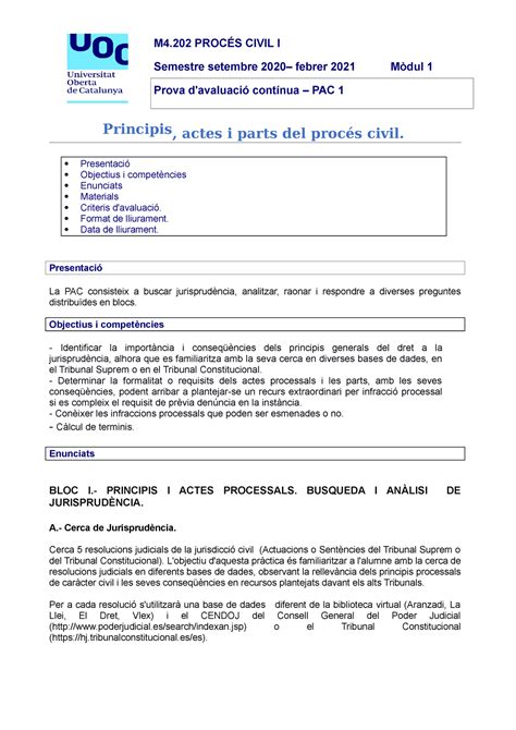 Solucions PAC 1 Proces Civil I M4 PROCÉS CIVIL I Semestre setembre