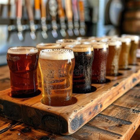 A Flight Of Craft Beers With Different Colors And Foam Tasting Session