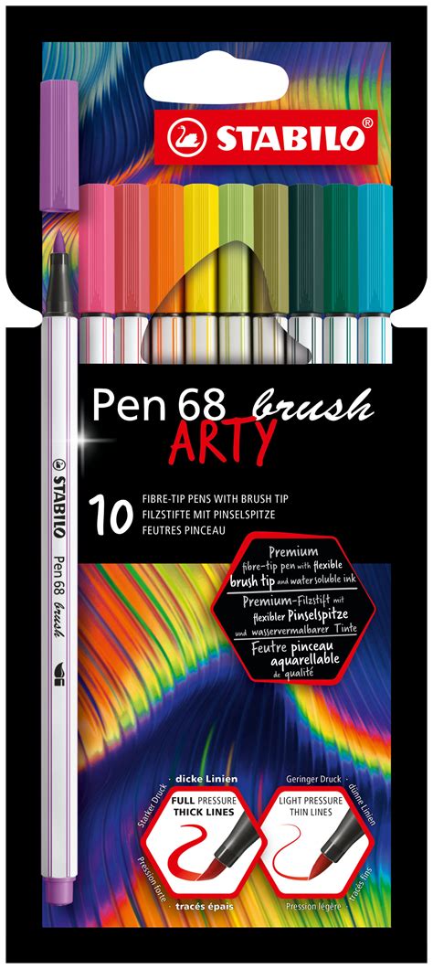 STABILO Pen 68 Fibre Tip Brush Pen ARTY Wallet Of 10 Assorted