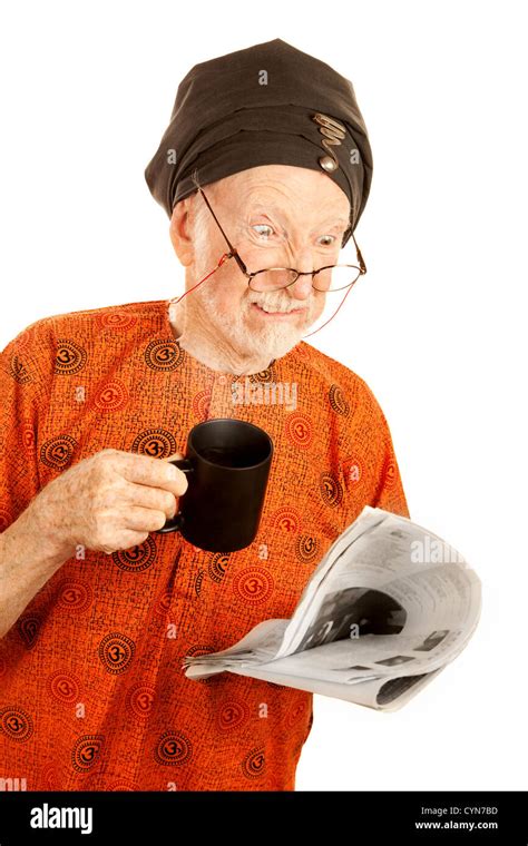 Skeptical New Age Man With Newspaper And Coffee Stock Photo Alamy