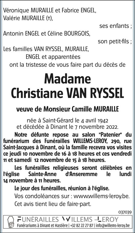 Christiane VAN RYSSEL 07 11 2022 Avis nécrologique lavenir net