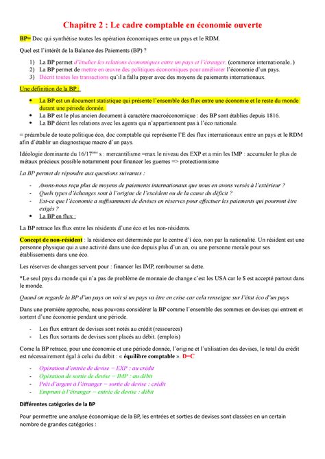 CM Macro Chapitre 2 Le cadre comptable en économie ouverte BP Doc