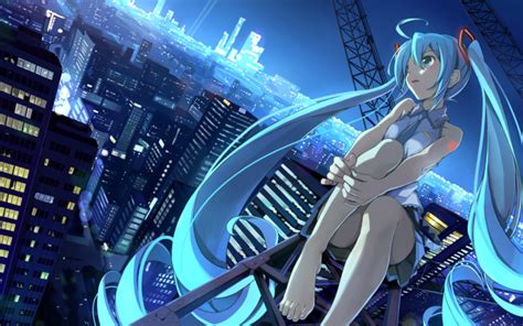 Aqua Hair Barefoot Beek City Green Eyes Hatsune Miku Long