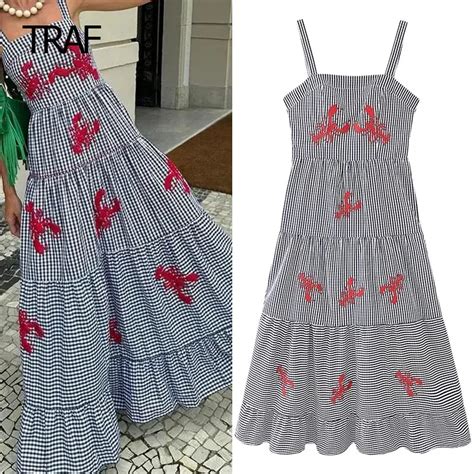 Traf Vestido A Rayas Bordado Para Mujer Vestidos Sin Mangas Con Espalda