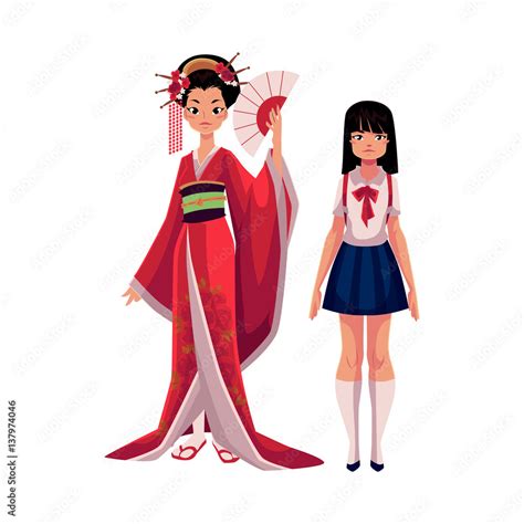 Japanese people - geisha in historical kimono and typical schoolgirl ...