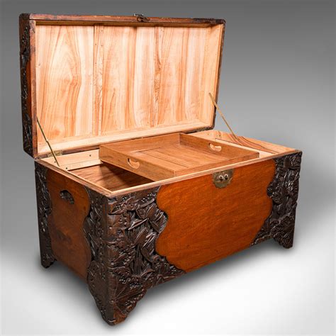 Large Vintage Carved Linen Chest Oriental Teak Camphor Trunk