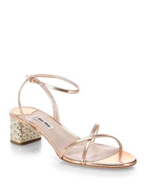 Lyst Miu Miu Metallic Leather And Swarovski Crystal Heel Sandals In Pink