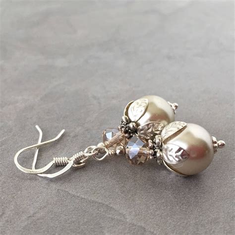 Beige Pearl Earrings In Silver Beaded Bridesmaid Earrings Etsy