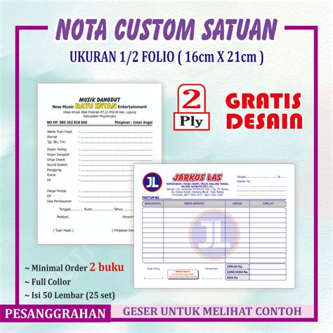 Jual Cetak Nota Custom Ply Ukuran Folio Isi Set Nota