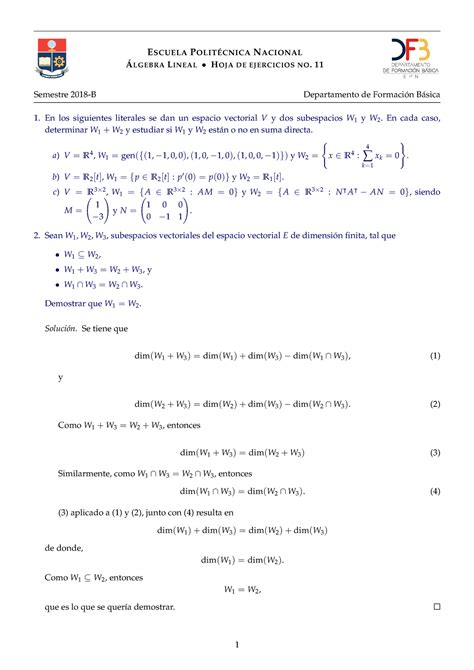 Hoja Ejercicios Algebra DFB 11 Sol E E SCUELA P N ACIONAL LGEBRA L