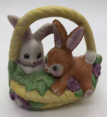 Russ Berrie Bunny Rabbit Easter Basket Ceramic Figurine Vintage