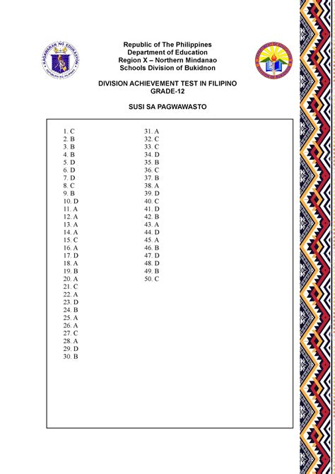 Nat Reviewer Answer Key Filipino 12 Republic Of The Philippines Department Of Education Region