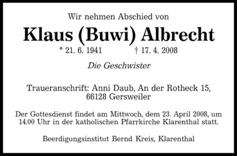 Traueranzeigen Von Klaus Albrecht Saarbruecker Zeitung Trauer De