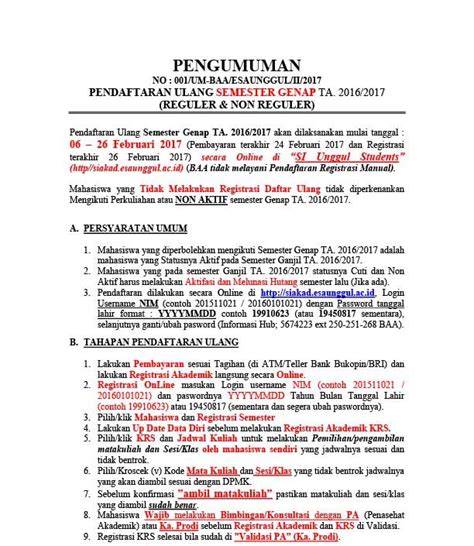 Pengumuman Registrasi Daftar Ulang Semester Genap