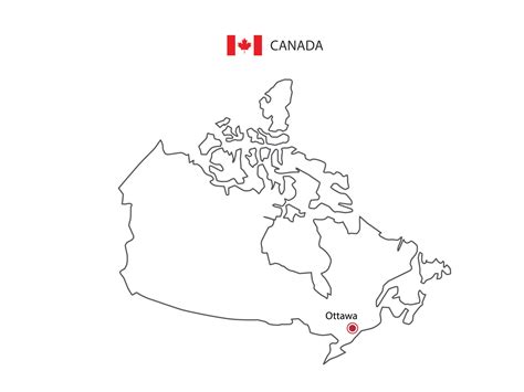 Hand Draw Thin Black Line Vector Of Canada Map With Capital City Ottawa