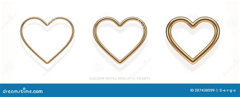 Set Of Realistic 3d Golden Metal Hearts With Different Thicknesses