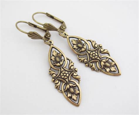 Bohemian Earrings Flower Boho Antiqued Gold Brass Art Deco Nouveau