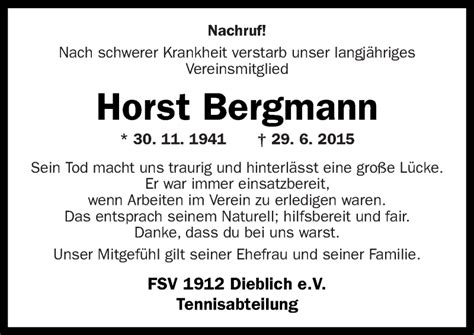 Traueranzeigen Von Horst Bergmann Rz Trauer De