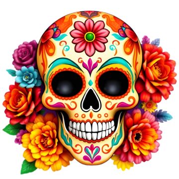 Calavera Colorida Con Flores Exóticas PNG dibujos Cráneo Colorido