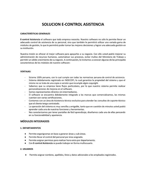 Caracteristicas Sistema E Control Asistencia Solucion E Control