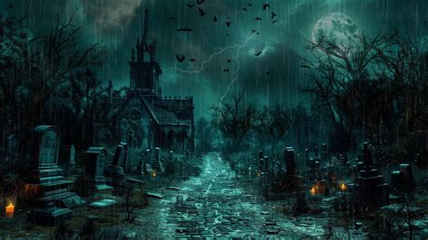 Haunted Cemetery Halloween Ambience W Relaxing Heavy Rain