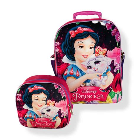 Kit Mochila Escolar Infantil De Rodinhas Princesas Branca De Neve G