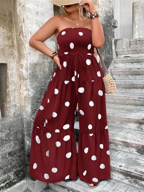 SHEIN LUNE Plus Polka Dot Ruffle Hem Belted Tube Jumpsuit For Sale New